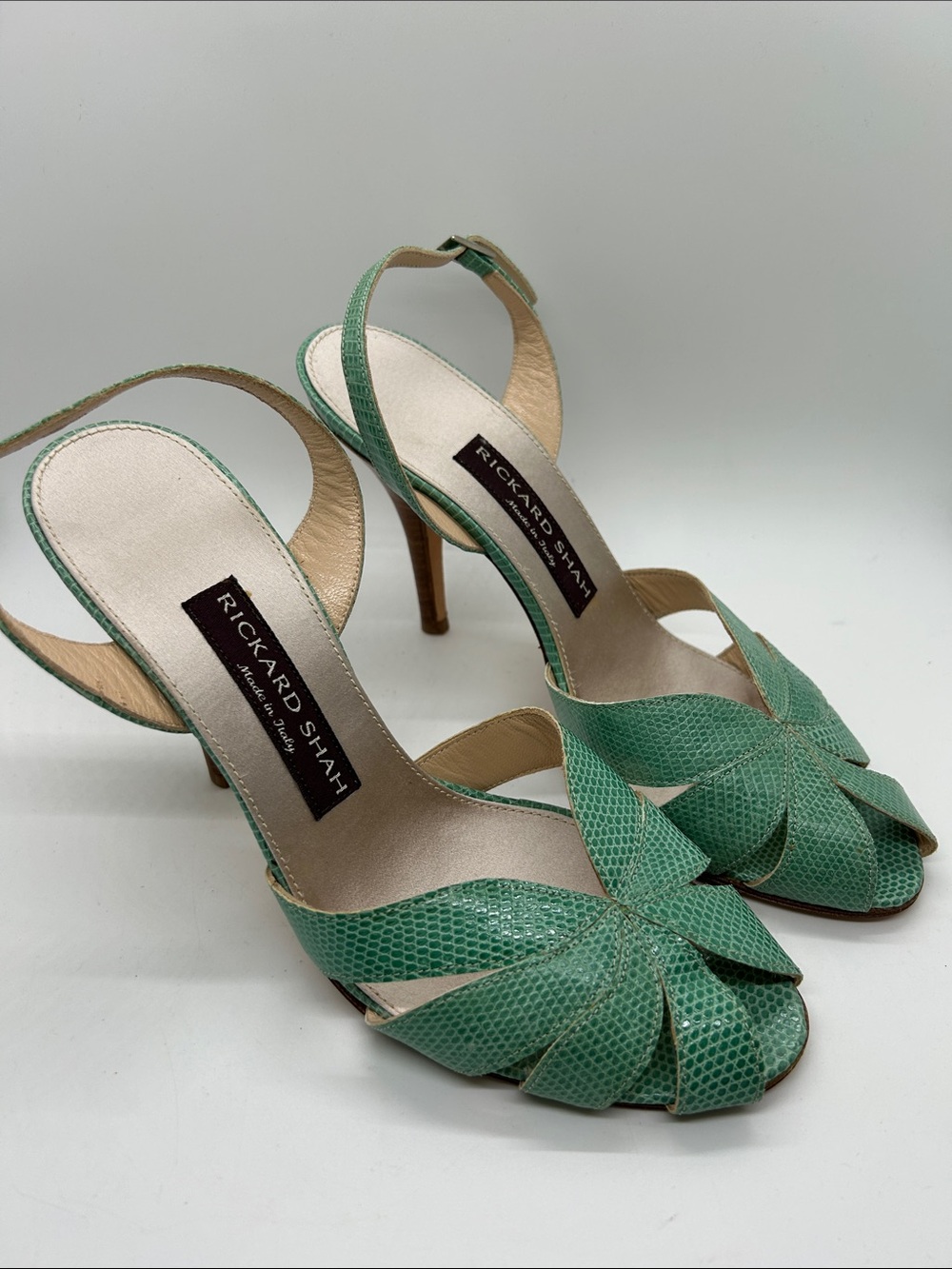 Rickard Shah NIB Adele Teal Textured Leather Ankle-Strap Heels *Sz 39/US 8.5*🌺🌺